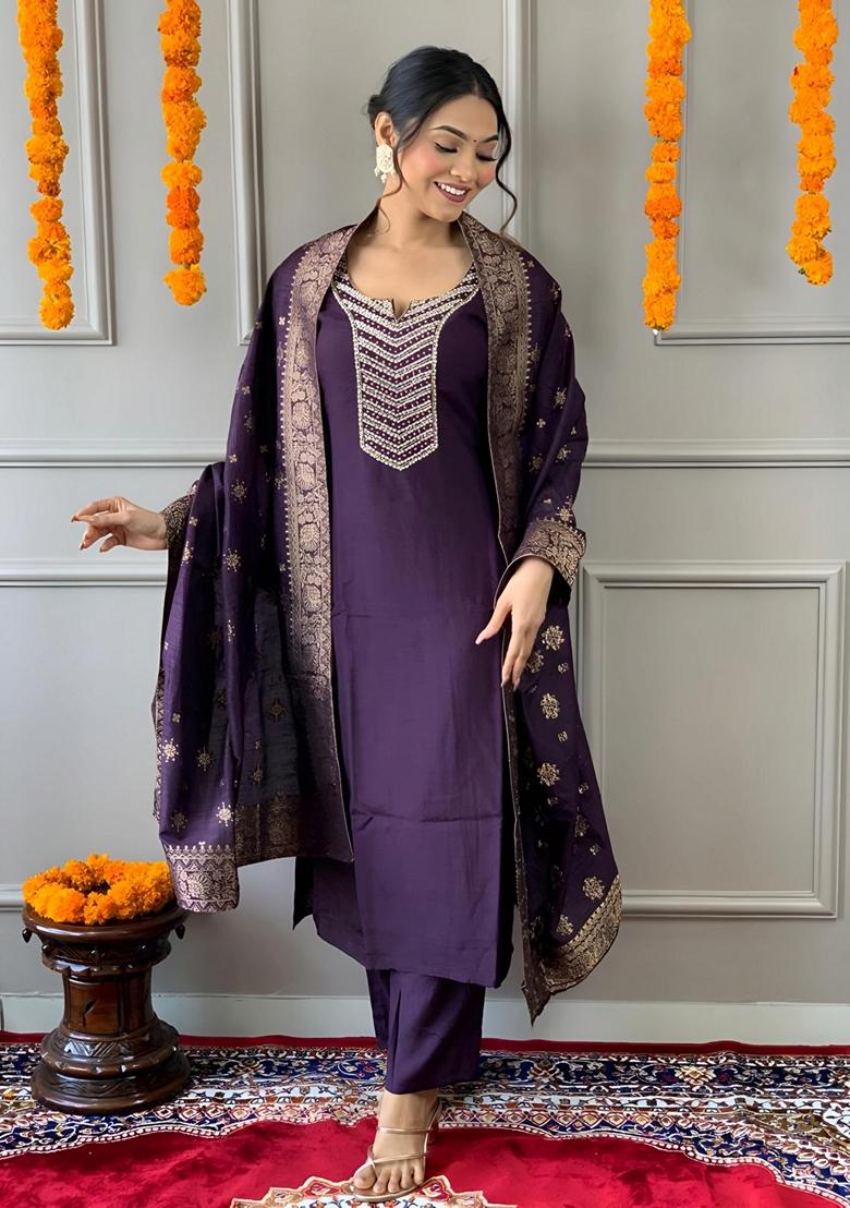 Dark Purple Embroidered Chanderi Silk Kurta set