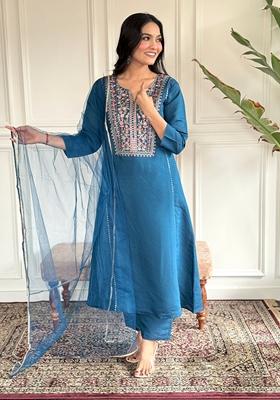 Teal Blue Embroidered Chanderi Viscose Kurta set