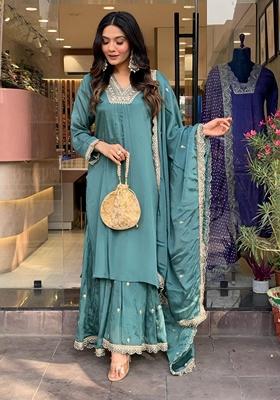 Teal Embroidered Chinon Kurta set