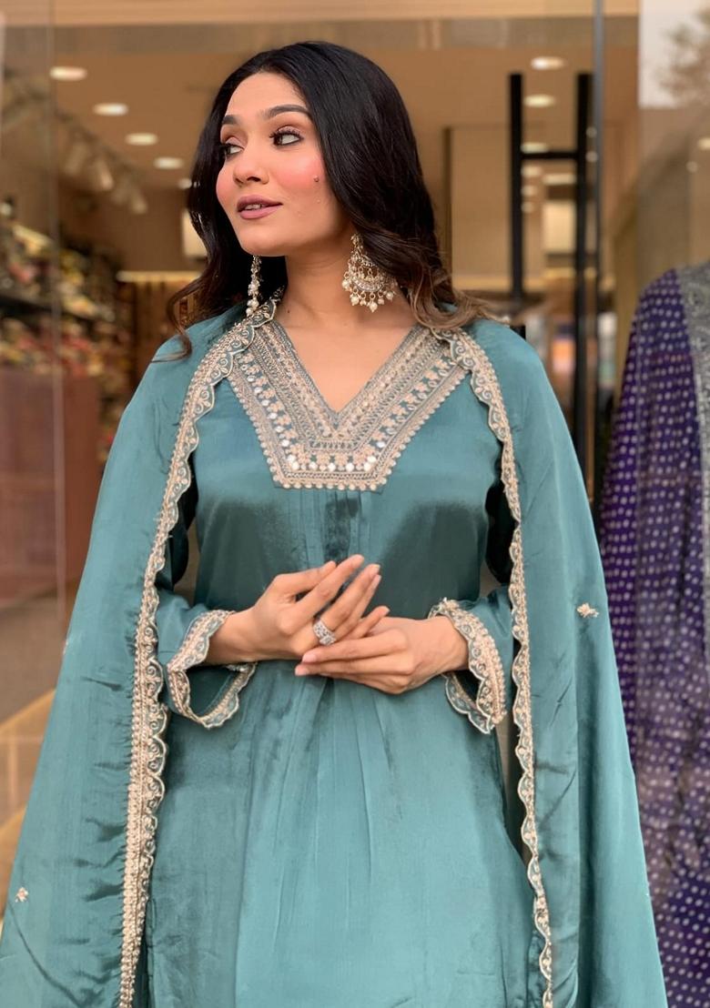 Teal Embroidered Chinon Kurta set
