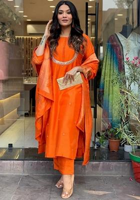Orange Embroidered Chanderi Viscose Kurta set
