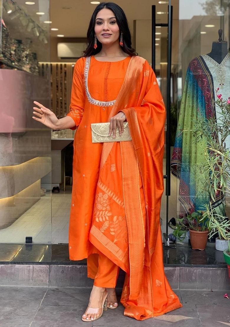 Orange Embroidered Chanderi Viscose Kurta set