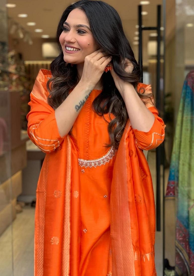 Orange Embroidered Chanderi Viscose Kurta set