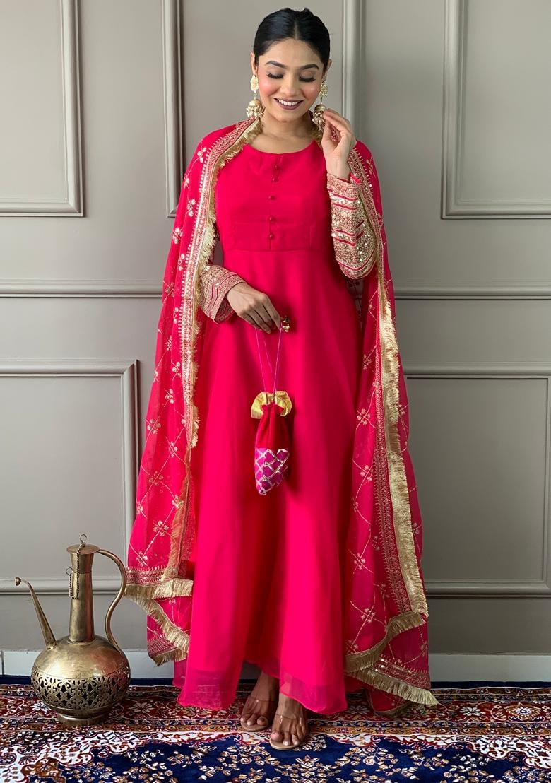 Rani Pink Embroidered Georgette Kurta set