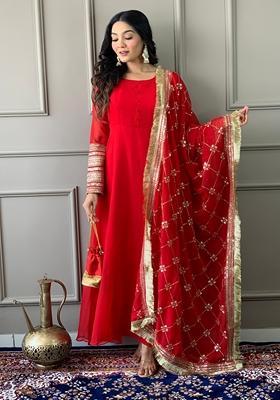 Red Embroidered Georgette Kurta set