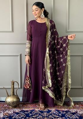 Wine Embroidered Georgette Kurta set