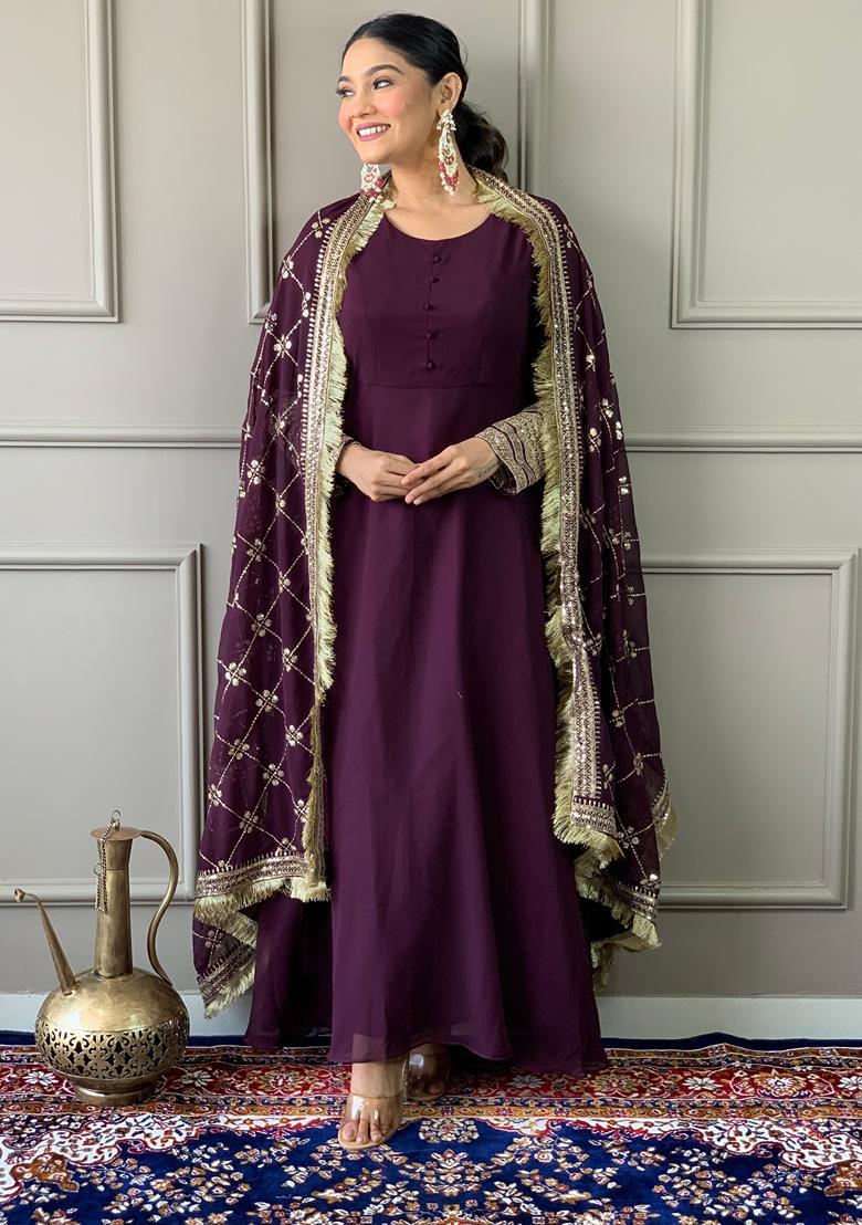 Wine Embroidered Georgette Kurta set