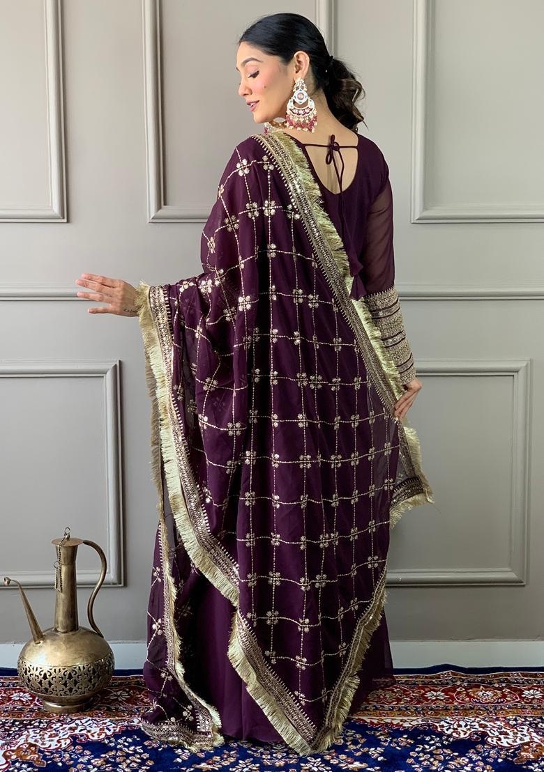 Wine Embroidered Georgette Kurta set