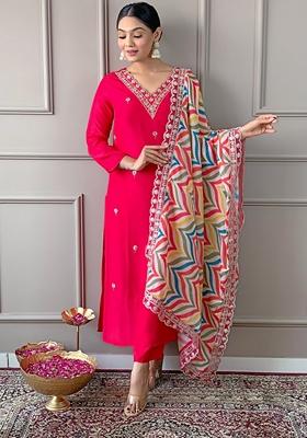 Rani Pink Embroidered Viscose Kurta set