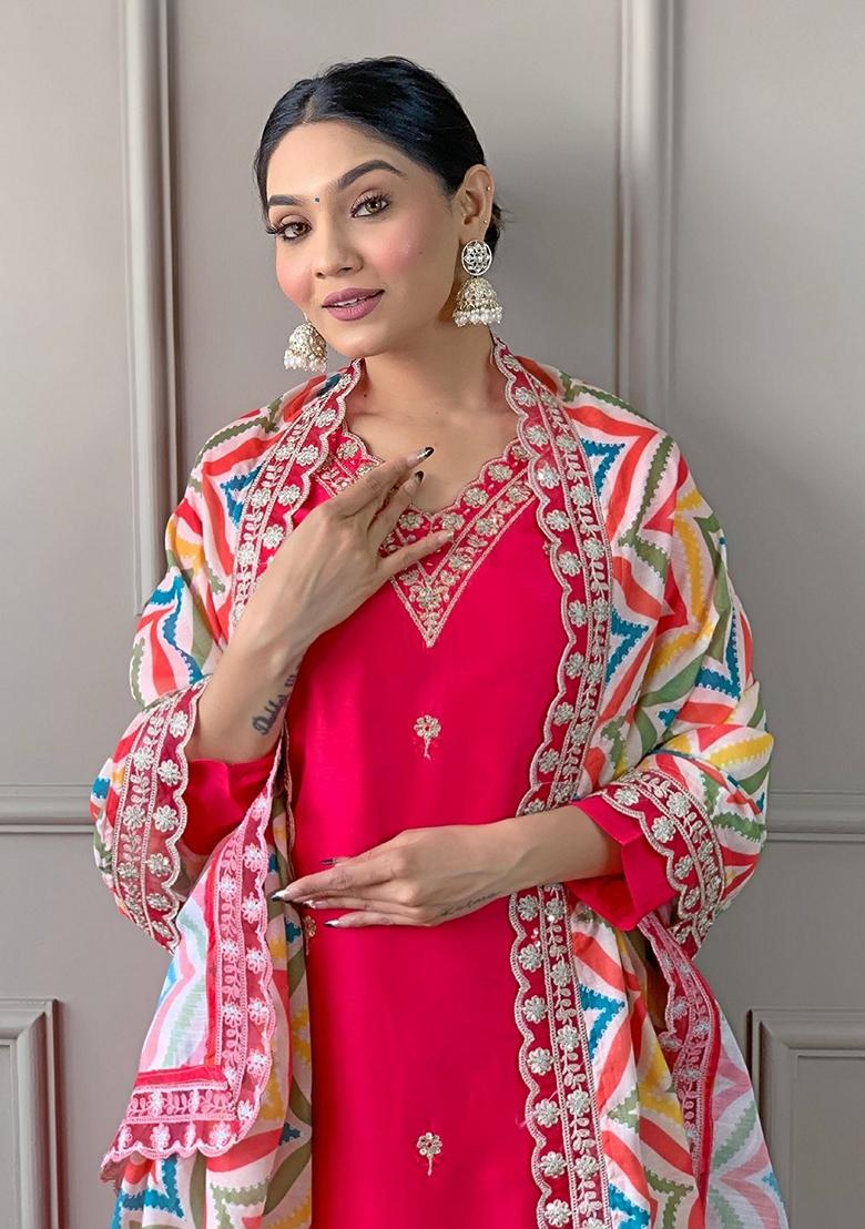 Rani Pink Embroidered Viscose Kurta set