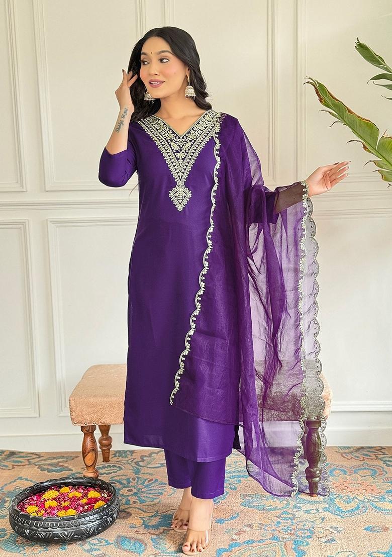 Purple Embroidered Viscose Rayon Kurta set
