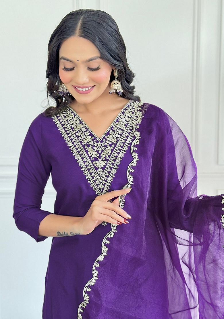 Purple Embroidered Viscose Rayon Kurta set