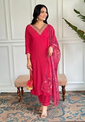 Rani Pink Embroidered Viscose Rayon Kurta set