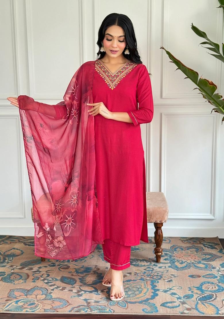 Rani Pink Embroidered Viscose Rayon Kurta set