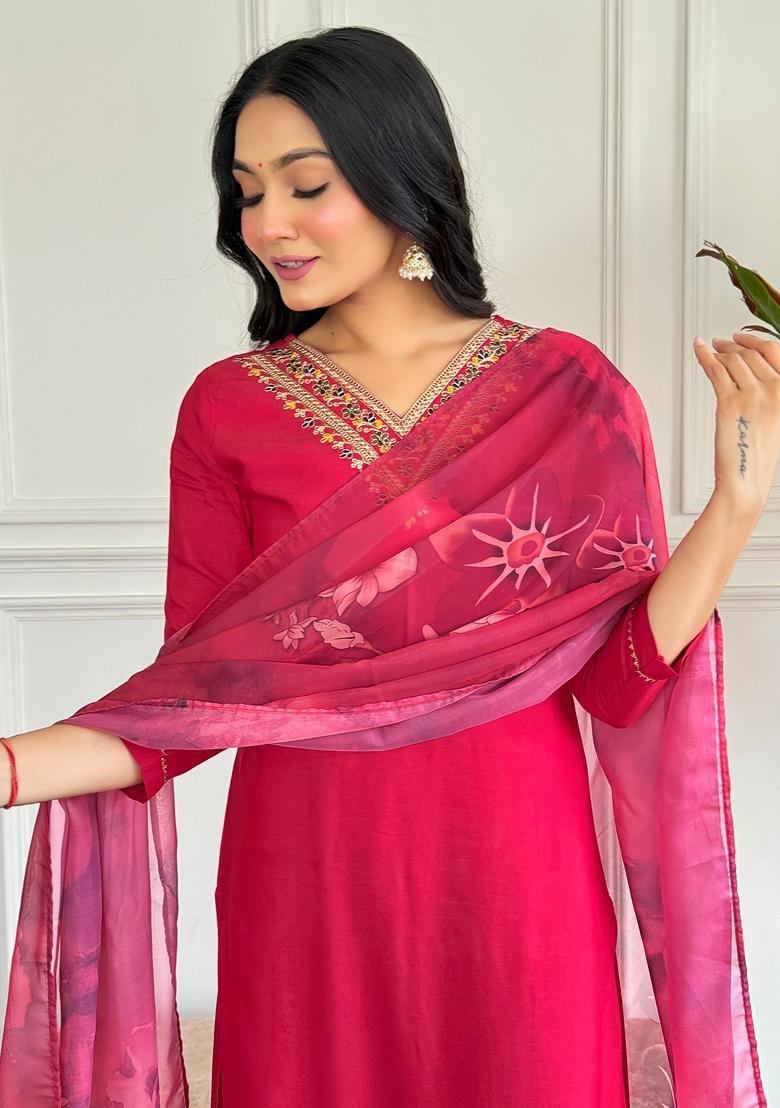 Rani Pink Embroidered Viscose Rayon Kurta set