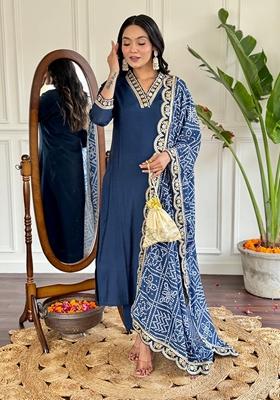 Navy Blue Embroidered Chanderi Viscose Kurta set