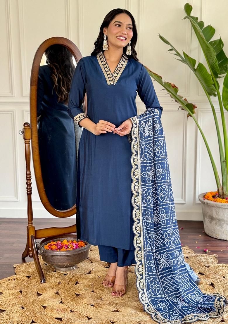 Navy Blue Embroidered Chanderi Viscose Kurta set