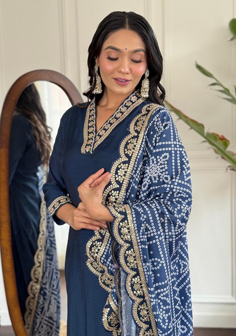 Navy Blue Embroidered Chanderi Viscose Kurta set