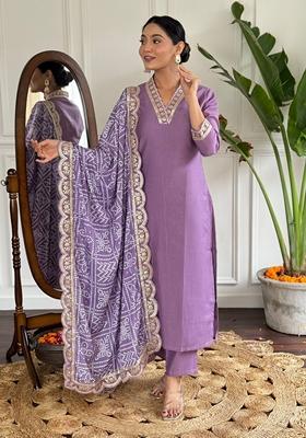 Mauve Embroidered Chanderi Viscose Kurta set