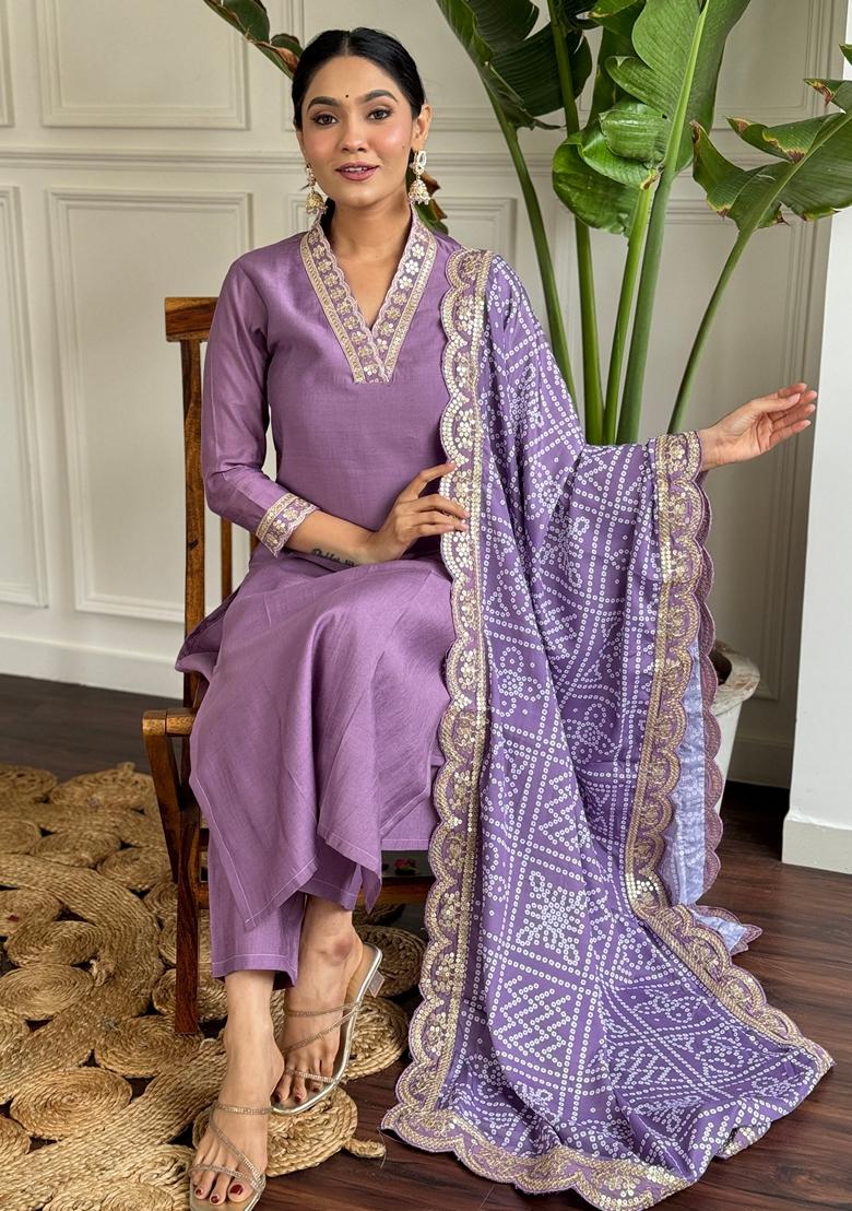 Mauve Embroidered Chanderi Viscose Kurta set