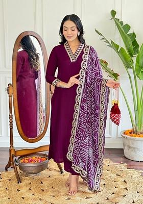 Burgundy Embroidered Chanderi Viscose Kurta set