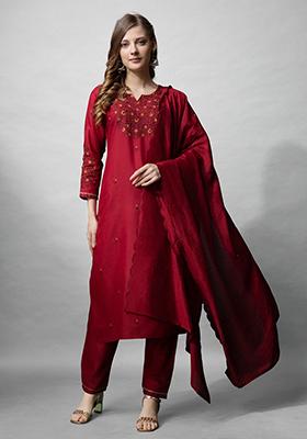 Maroon Embroidered Blended Cotton Kurta Set
