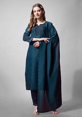 Teal Blue Embroidered Blended Cotton Kurta Set