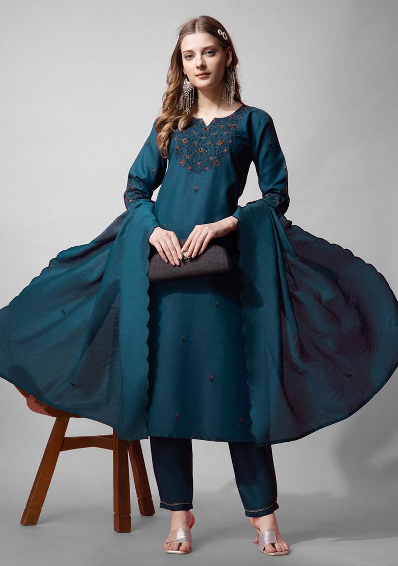Teal Blue Embroidered Blended Cotton Kurta Set