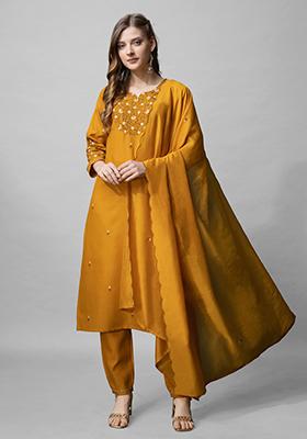 Mustard Embroidered Blended Cotton Kurta Set