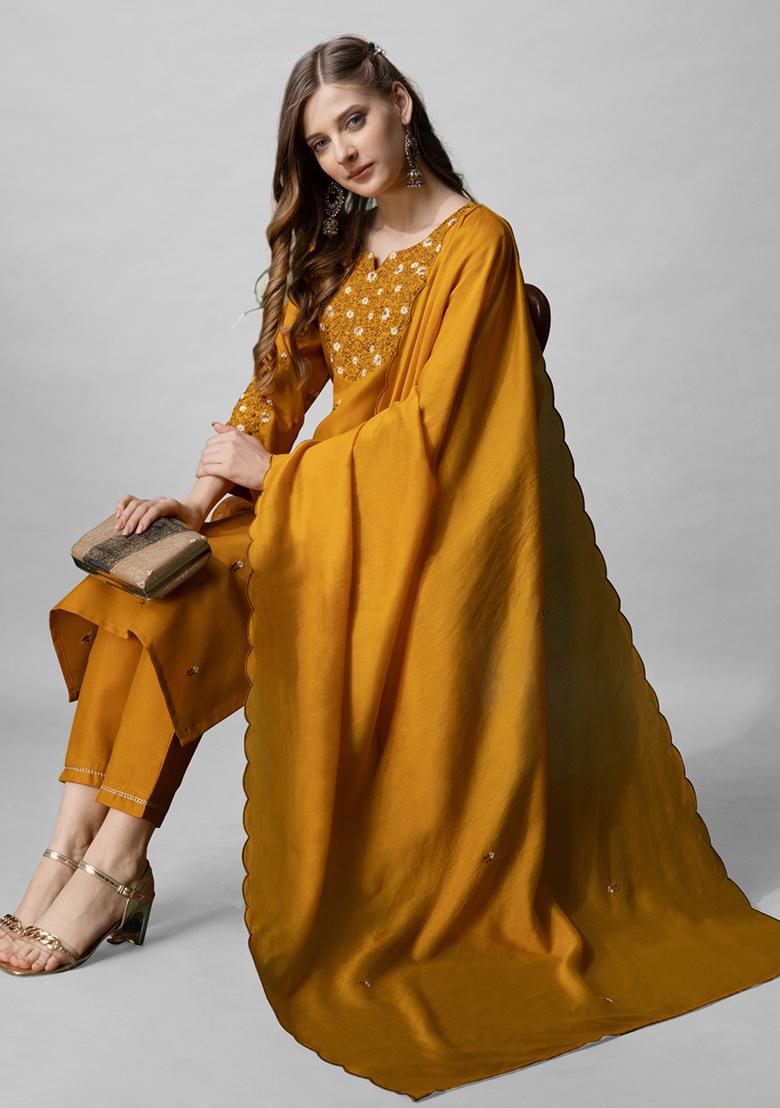 Mustard Embroidered Blended Cotton Kurta Set