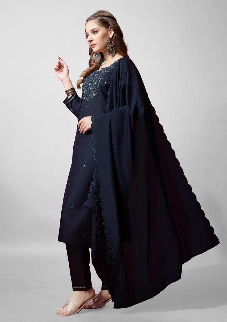 Navy Blue Embroidered Blended Cotton Kurta Set