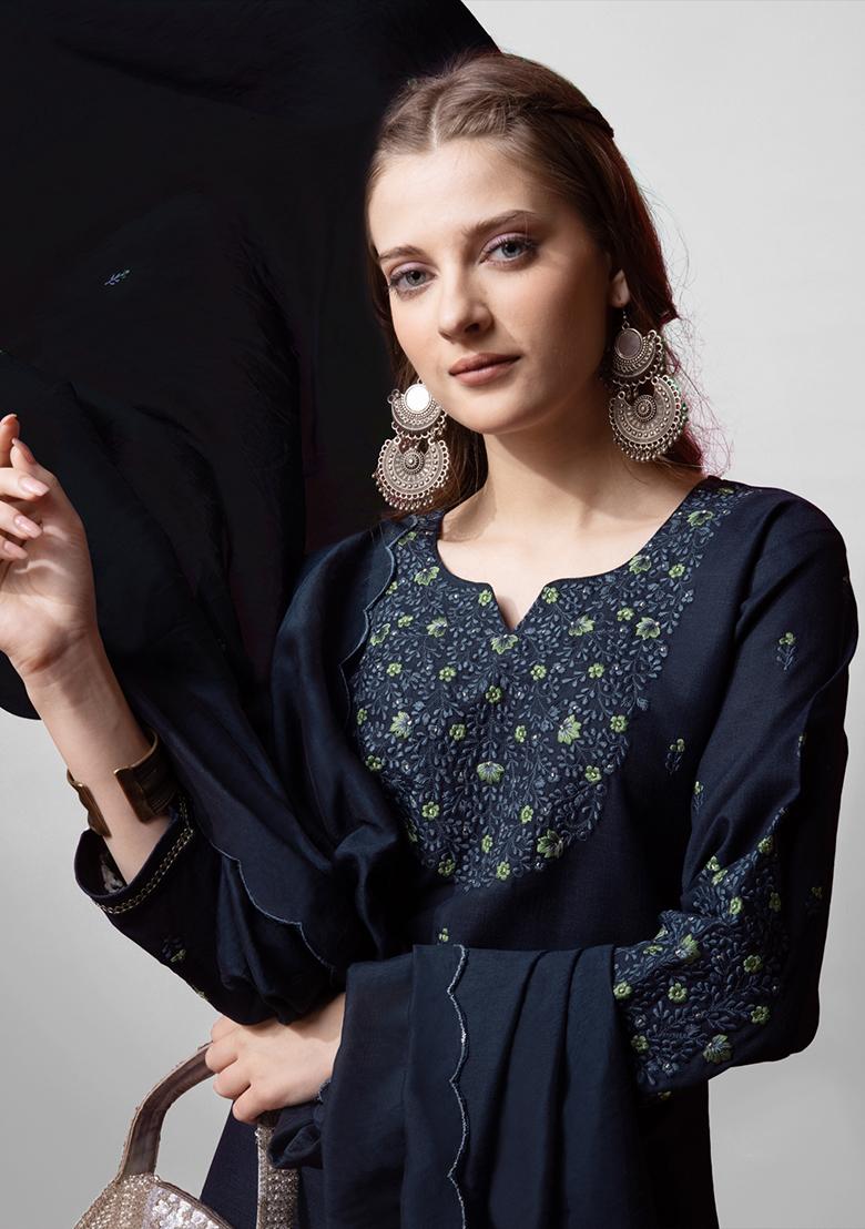 Navy Blue Embroidered Blended Cotton Kurta Set