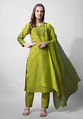 Green Embroidered Blended Cotton Kurta Set