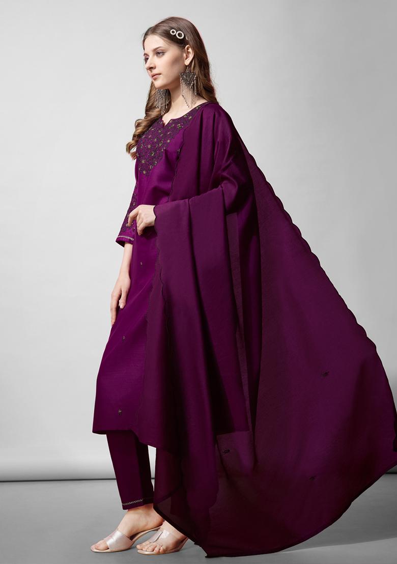 Purple Embroidered Blended Cotton Kurta Set