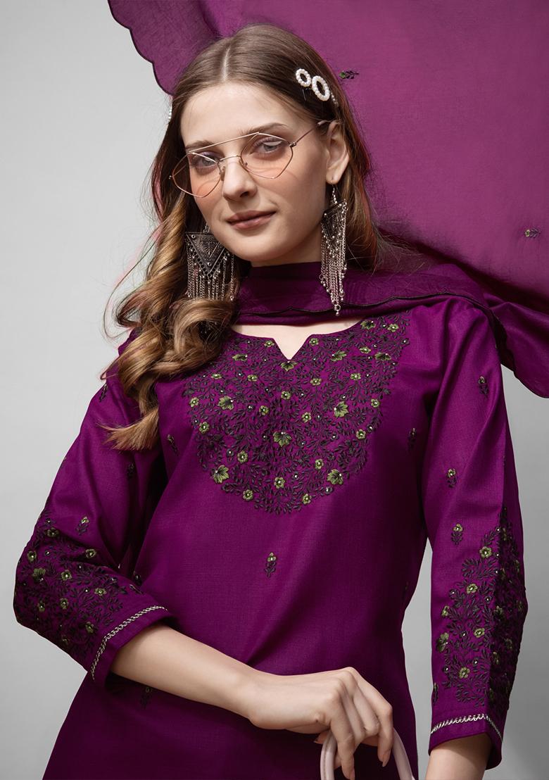 Purple Embroidered Blended Cotton Kurta Set