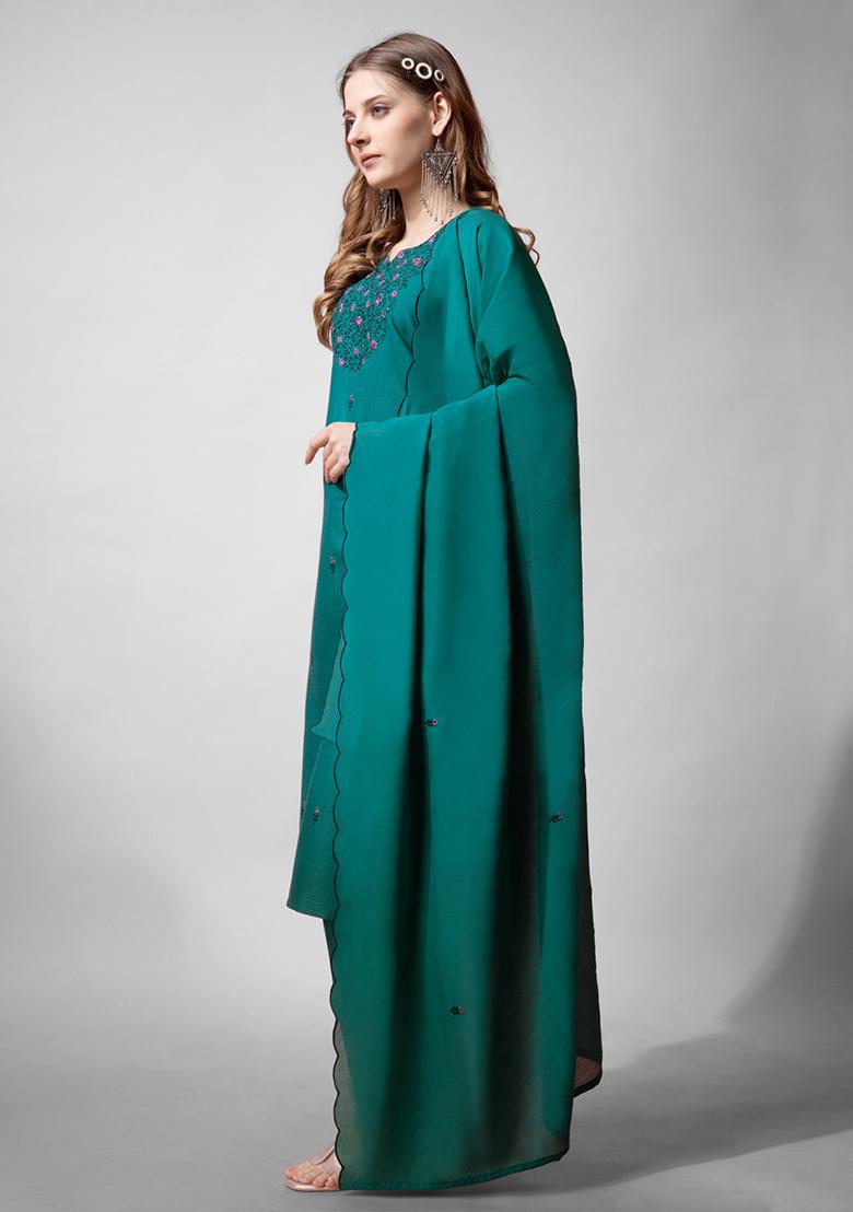 Green Embroidered Blended Cotton Kurta Set