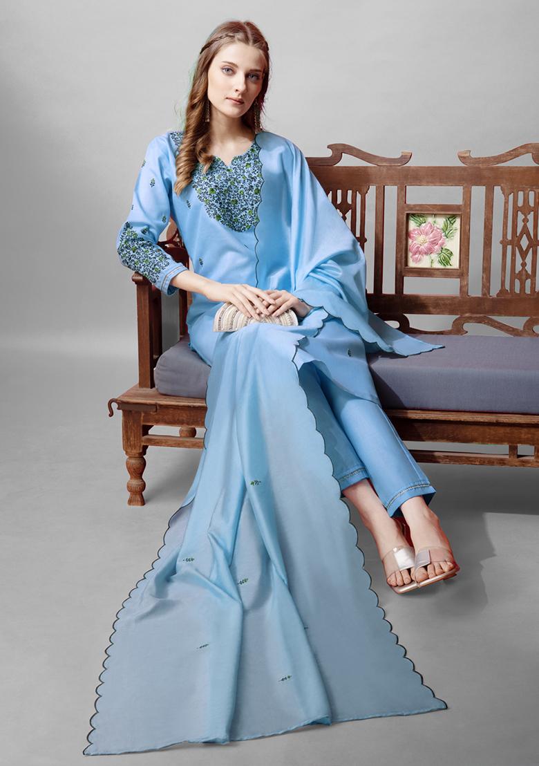 Sky Blue Embroidered Blended Cotton Kurta Set