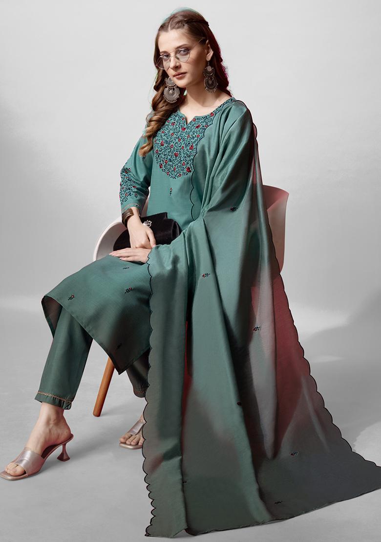 Teal Green Embroidered Blended Cotton Kurta Set
