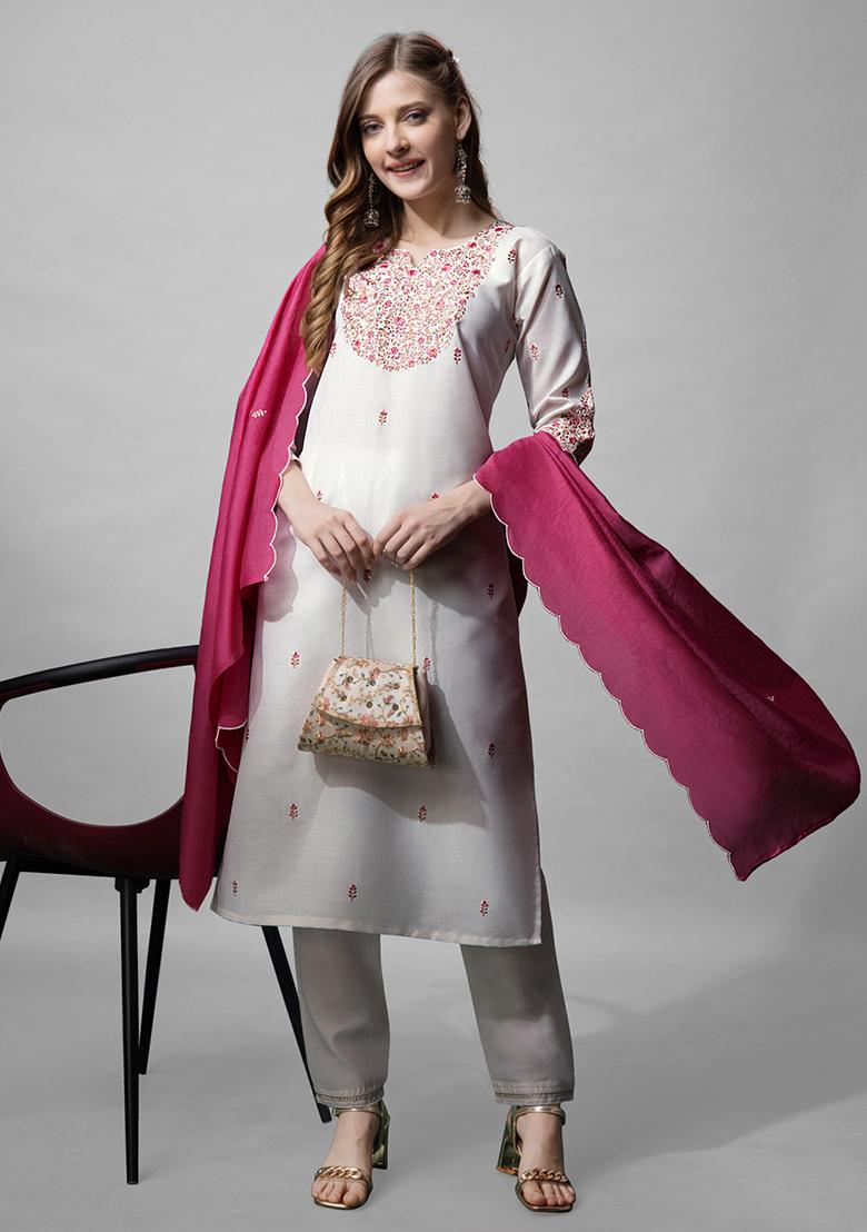 White Embroidered Blended Cotton Kurta Set
