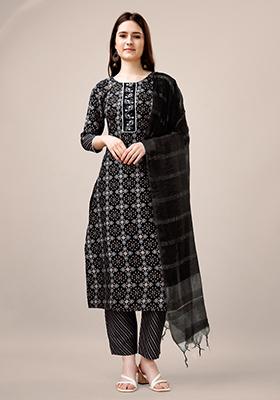 Black Printed Rayon Kurta Set