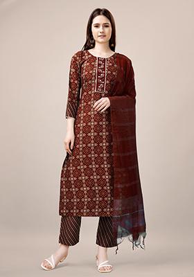 Maroon Printed Rayon Kurta Set