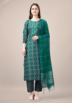 Green Printed Rayon Kurta Set