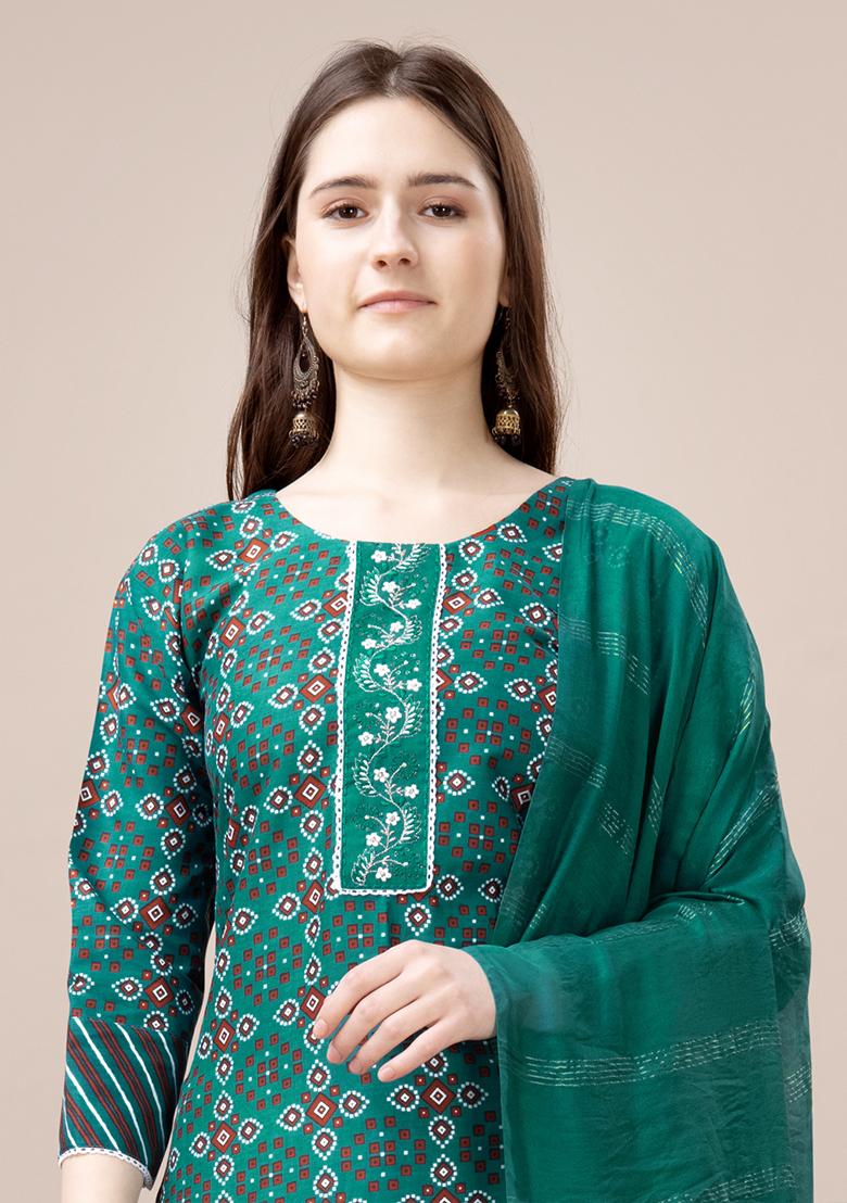Green Printed Rayon Kurta Set