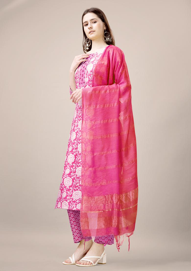 Pink Printed Rayon Kurta Set