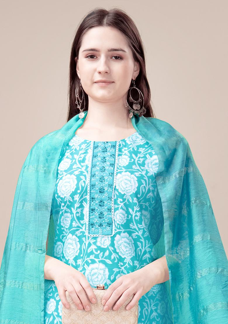 Sky Blue Printed Rayon Kurta Set