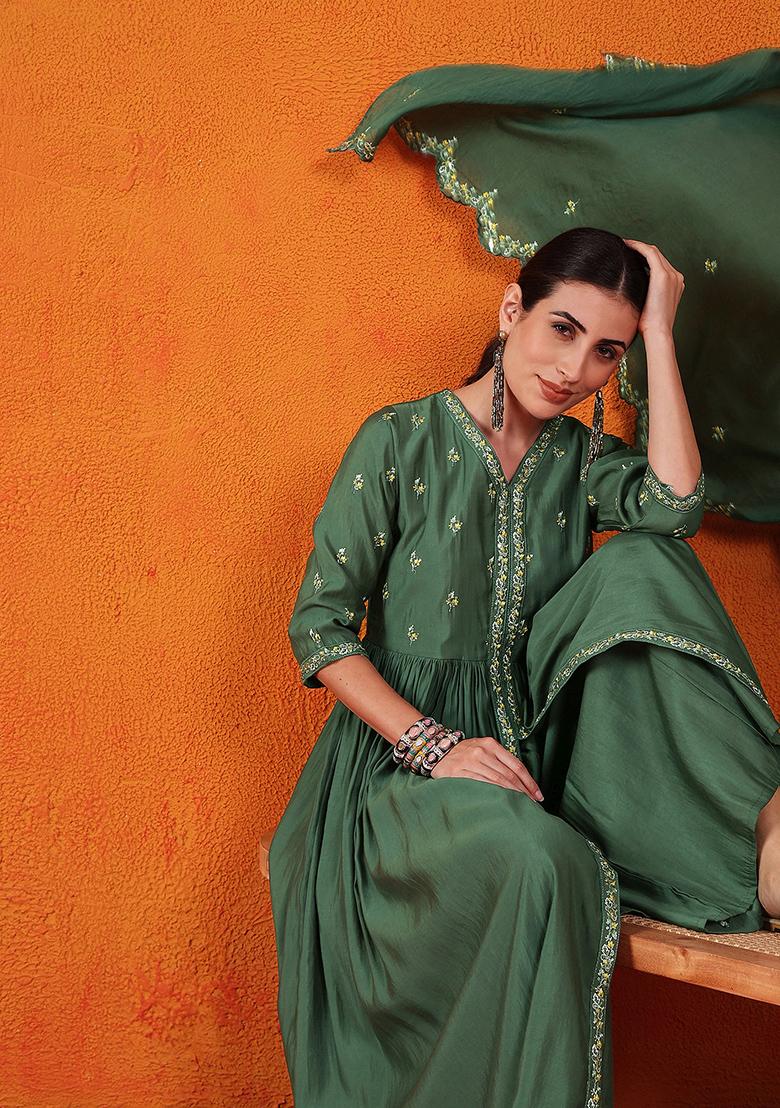 Green Woven Silk Kurta Set