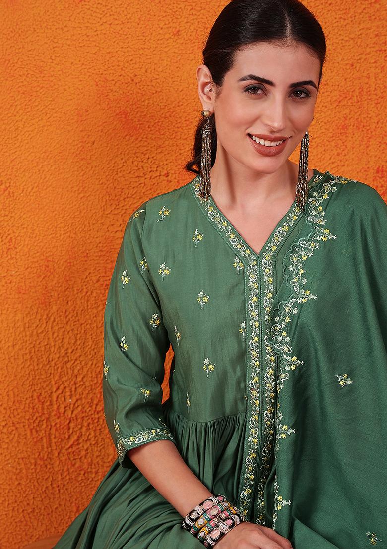 Green Woven Silk Kurta Set