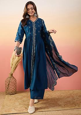 Blue Woven Silk Kurta Set