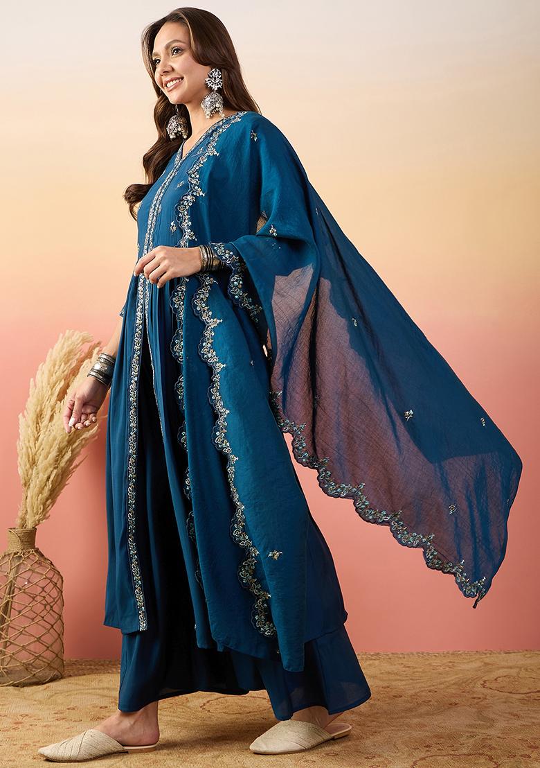 Blue Woven Silk Kurta Set