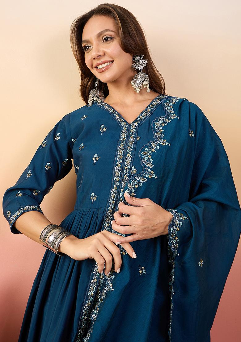 Blue Woven Silk Kurta Set